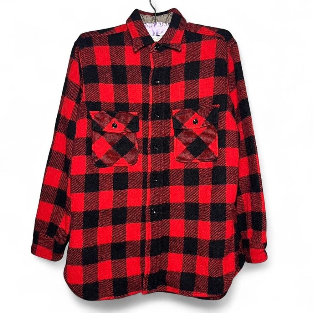 Vtg 50s 60s Pilgrim Sears Plaid Wool Loop Collar Flannel Side Gusset Shirt Med